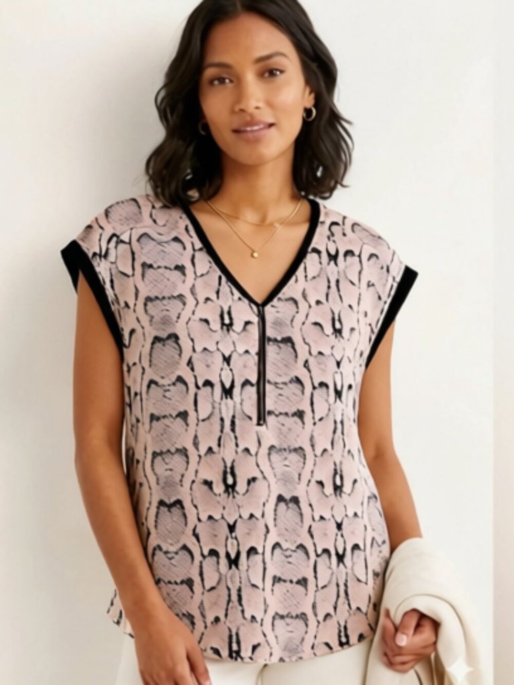FYLO Women's V Zip Neckline Short Sleeve Blouse Size S